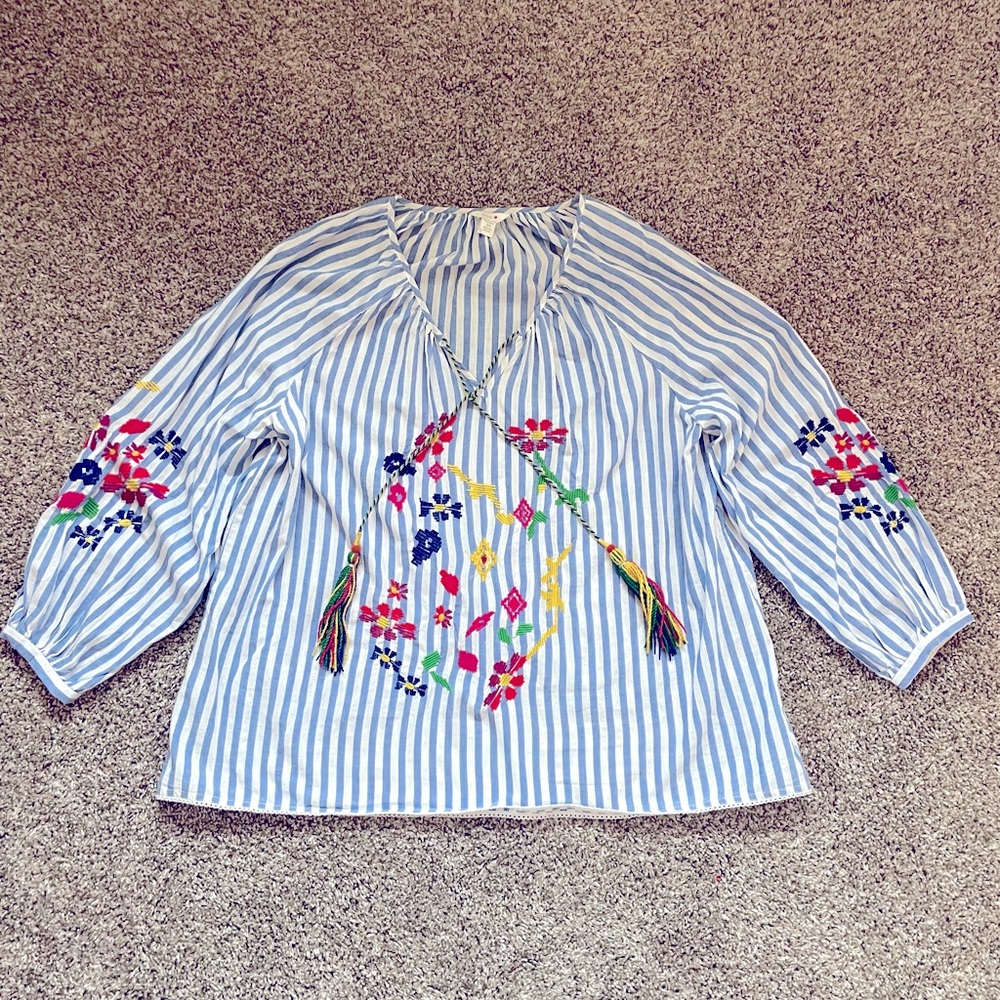 Plus Intro. Blue & White Embroidery top with cute Tassels